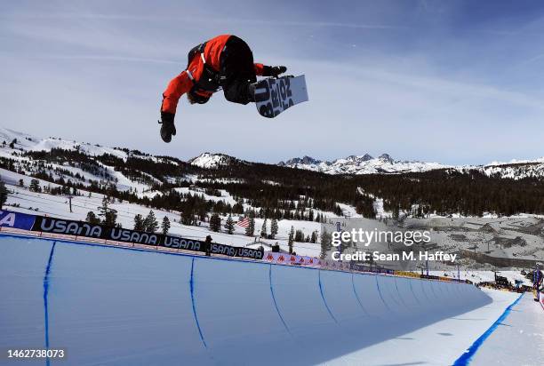 Valentino Guseli of Australia competes in the Men's Snowboard Halfpipe Final on day four of the Toyota U.S. Grand Prix at Mammoth Mountain on...