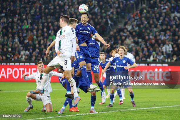 Maya Yoshida of FC Schalke 04 heads the ball during the Bundesliga match between Borussia Mönchengladbach and FC Schalke 04 at Borussia-Park on...