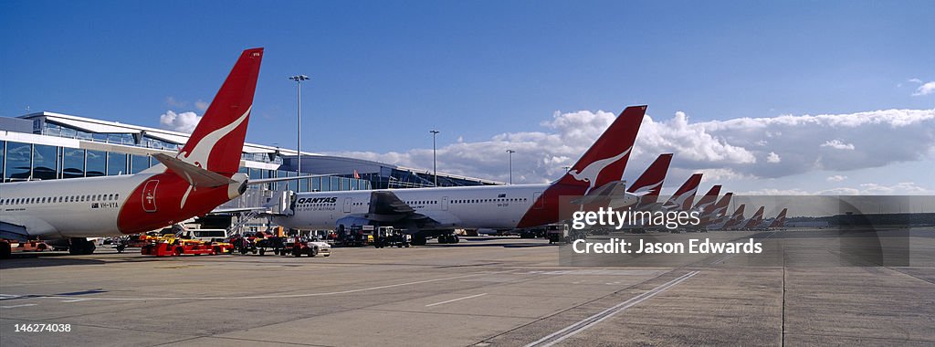 A row of jet airplanes parked at a terminal to collect passengers.