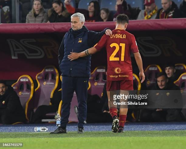 Jose Mourinho head coach of AS Roma greets Paulo Dybala of AS Roma during the Serie A match between AS Roma and Empoli FC at Stadio Olimpico on...