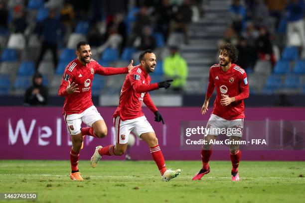 Mohamed Afsha of Al Ahly FC celebrates with team mates after scoring the team's first goal during the FIFA Club World Cup Morocco 2022 2nd Round...