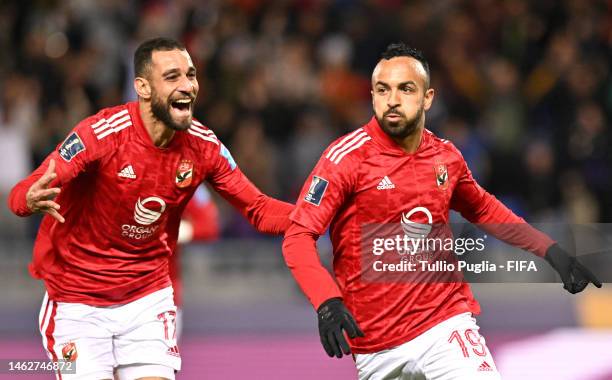 Mohamed Afsha of Al Ahly FC celebrates after scoring the team's first goal during the FIFA Club World Cup Morocco 2022 2nd Round match between...