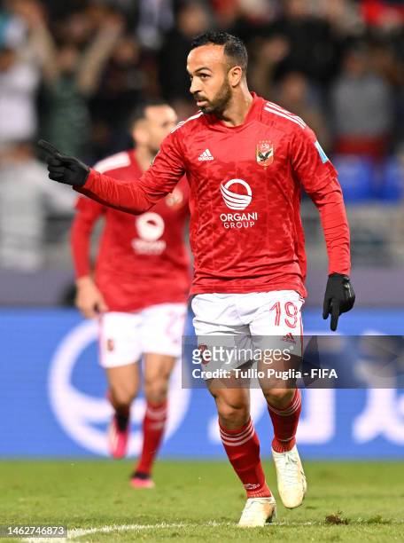 Mohamed Afsha of Al Ahly FC celebrates after scoring the team's first goal during the FIFA Club World Cup Morocco 2022 2nd Round match between...
