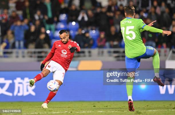 Mohamed Afsha of Al Ahly FC scores the team's first goal during the FIFA Club World Cup Morocco 2022 2nd Round match between Seattle Sounders FC and...