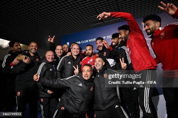 Mohamed Afsha of Al Ahly FC celebrates with team mates after being awarded with their Man of the Match award after the FIFA Club World Cup Morocco...