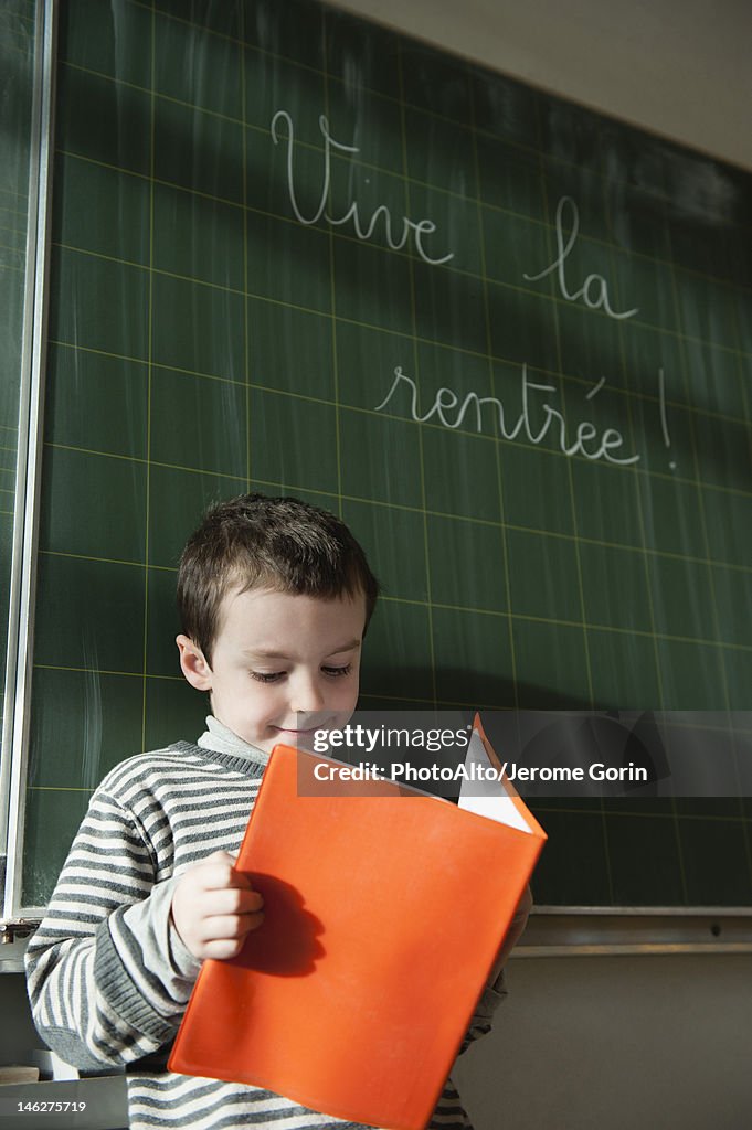 Boy reading in front of blackboard in classroom