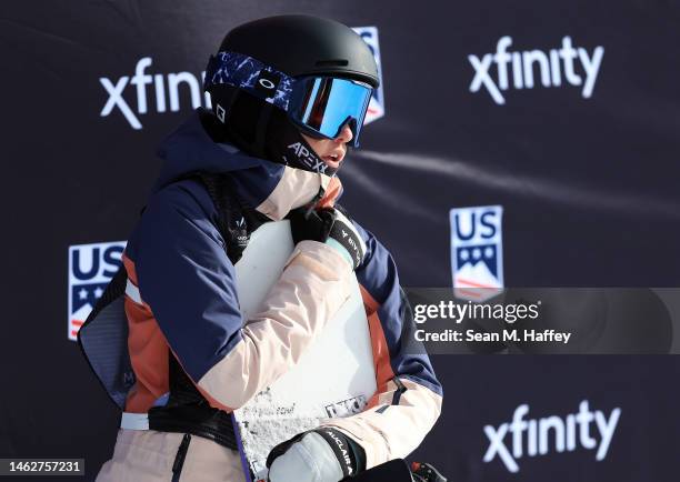 Elizabeth Hosking of Canada watches after completing her run in the Women's Snowboard Halfpipe Final on day four of the Toyota U.S. Grand Prix at...