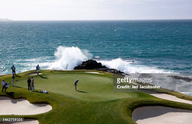 Matt Fitzpatrick of England putts on the seventh green during the third round of the AT&T Pebble Beach Pro-Am at Pebble Beach Golf Links on February...