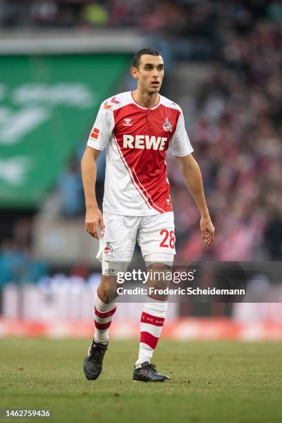 Ellyes Skhiri of FC Koeln reacts during the Bundesliga match between 1. FC Köln and RB Leipzig at RheinEnergieStadion on February 04, 2023 in...