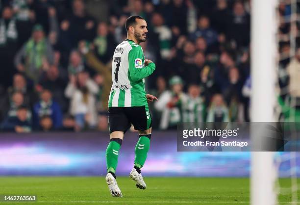 Juanmi of Real Betis celebrates after scoring the team's first goal during the LaLiga Santander match between Real Betis and RC Celta at Estadio...