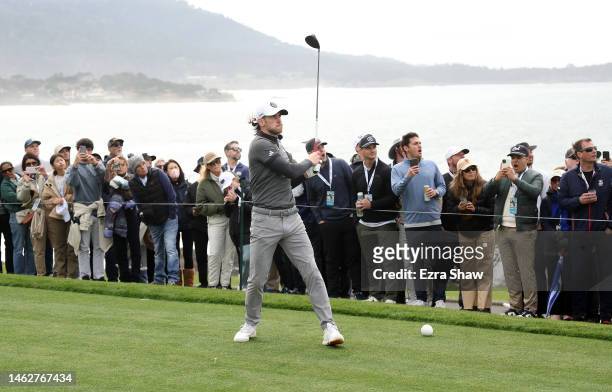 Gareth Bale plays his shot from the 14th tee during the third round of the AT&T Pebble Beach Pro-Am at Pebble Beach Golf Links on February 04, 2023...