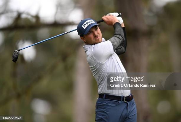 Austin Cook of the United States plays his shot from the second tee during the third round of the AT&T Pebble Beach Pro-Am at Spyglass Hill Golf...