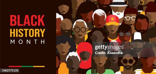 illustrazioni stock, clip art, cartoni animati e icone di tendenza di black history month concetto di febbraio con folla di persone. design del modello di banner orizzontale, poster con testo - diritti civili