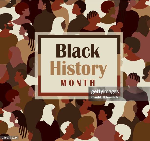 black history month february concept with crowd of people. horizontal banner template design, poster with text - black history month abstract stock illustrations