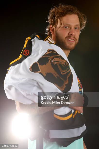 David Pastrnak of the Boston Bruins poses for a portrait prior to the 2023 NHL All-Star Game at FLA Live Arena on February 04, 2023 in Sunrise,...