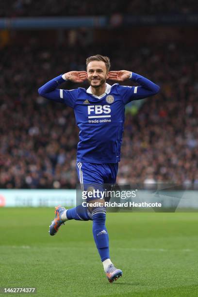 James Maddison of Leicester City celebrates after scoring their sides first goal during the Premier League match between Aston Villa and Leicester...