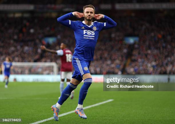 James Maddison of Leicester City celebrates after scoring their sides first goal during the Premier League match between Aston Villa and Leicester...