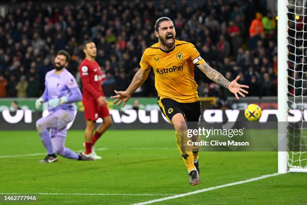 Ruben Neves of Wolverhampton Wanderers celebrates after scoring the team's third goal during the Premier League match between Wolverhampton Wanderers...