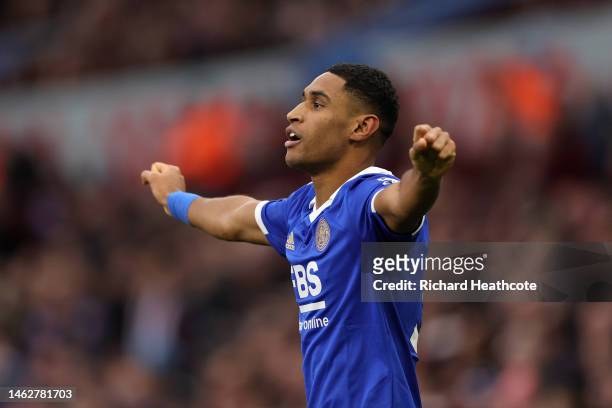 Tete of Leicester City celebrates after scoring their sides third goal during the Premier League match between Aston Villa and Leicester City at...