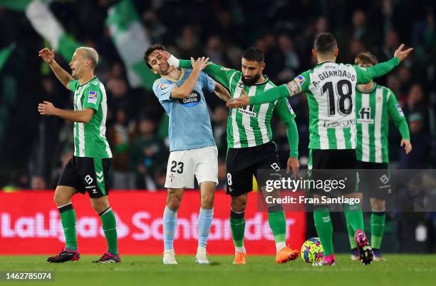 Luca De La Torre of RC Celta celebrates the side's win Nabil Fekir of Real Betis during the LaLiga Santander match between Real Betis and RC Celta at...