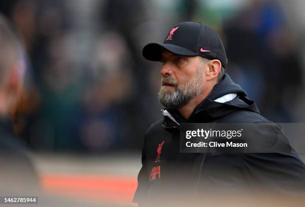 Juergen Klopp, Manager of Liverpool, looks on prior to the Premier League match between Wolverhampton Wanderers and Liverpool FC at Molineux on...