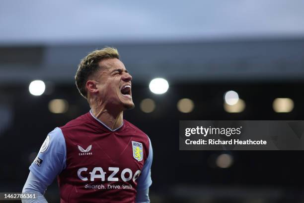 Philippe Coutinho of Aston Villa celebrates scoring their sides goal which is later ruled offside during the Premier League match between Aston Villa...