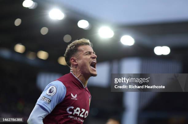 Philippe Coutinho of Aston Villa celebrates scoring their sides goal which is later ruled offside during the Premier League match between Aston Villa...