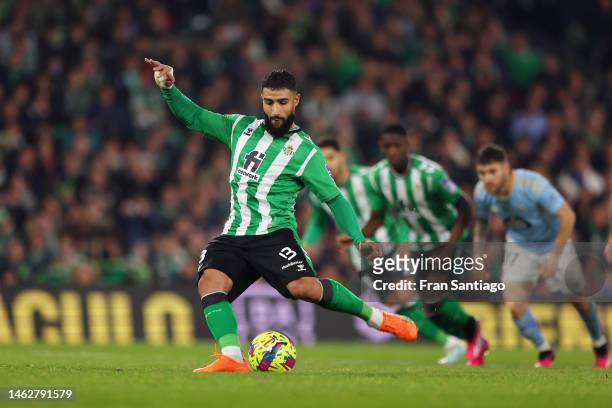 Nabil Fekir of Real Betis scores the team's third goal from the penalty spot during the LaLiga Santander match between Real Betis and RC Celta at...