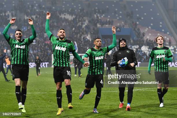 Sassuolo players celebrate after the team's victory during the Serie A match between US Sassuolo and Atalanta BC at Mapei Stadium - Citta' del...