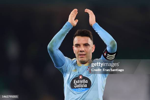 Iago Aspas of RC Celta applauds the fans after the LaLiga Santander match between Real Betis and RC Celta at Estadio Benito Villamarin on February...