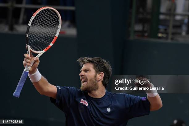 Cameron Norrie of Great Britain celebrates after defeating Nicolas Mejia of Colombia during the third single game and won the Round 1 of Qualifiers...