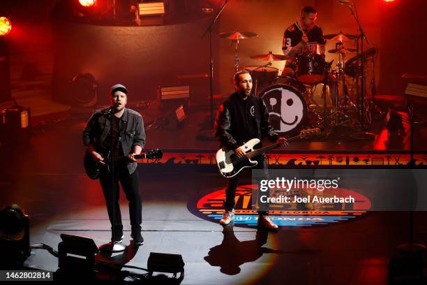 Patrick Stump, Andy Hurley, and Pete Wentz of Fall Out Boy perform onstage during the 2023 NHL All-Star Game at FLA Live Arena on February 04, 2023...