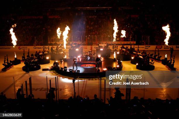 Patrick Stump, Andy Hurley, and Pete Wentz of Fall Out Boy perform onstage during the 2023 NHL All-Star Game at FLA Live Arena on February 04, 2023...