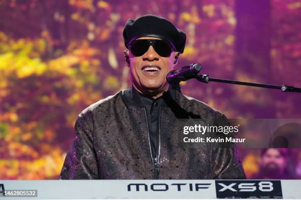 Stevie Wonder performs onstage during MusiCares Persons of the Year Honoring Berry Gordy and Smokey Robinson at Los Angeles Convention Center on...