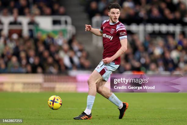 Declan Rice of West Ham United on the ball during the Premier League match between Newcastle United and West Ham United at St. James Park on February...