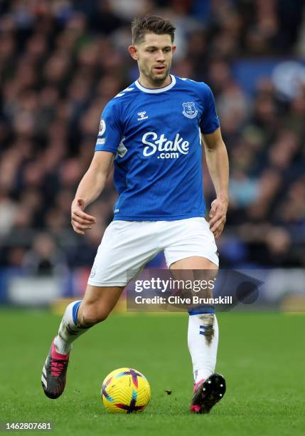 James Tarkowski of Everton in action during the Premier League match between Everton FC and Arsenal FC at Goodison Park on February 04, 2023 in...