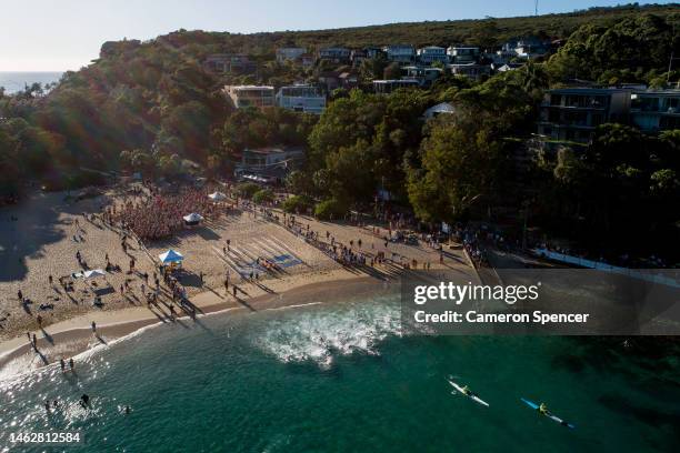 In an aerial view, competitors prepare to start during the Cole Classic Ocean Swim from Shelly Beach to Manly Beach on February 05, 2023 in Manly,...