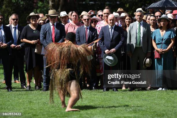 New Zealand Prime Minister Chris Hipkins and National leader Chris Luxon are welcomed with a powhiri to Te Whare Runanga,Waitangi Treaty grounds on...
