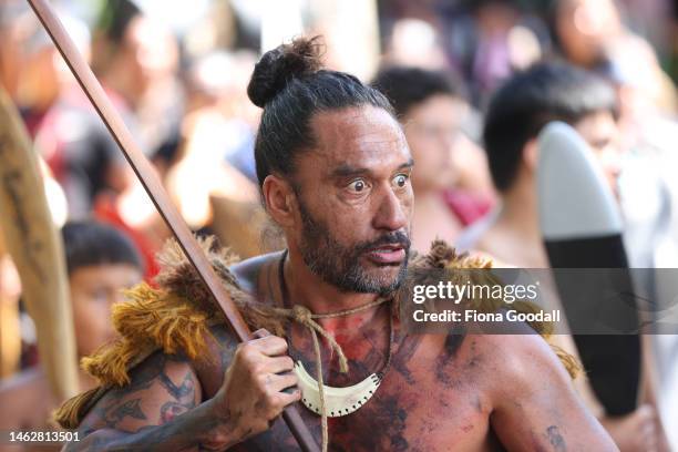 Powhiri is performed to welcome dignitaries on February 05, 2023 in Waitangi, New Zealand. The Waitangi Day national holiday celebrates the signing...