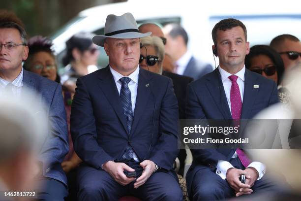 National leader Chris Luxon and ACT leader David Seymour are welcomed with a powhiri to Te Whare Runanga,Waitangi Treaty grounds on February 05, 2023...