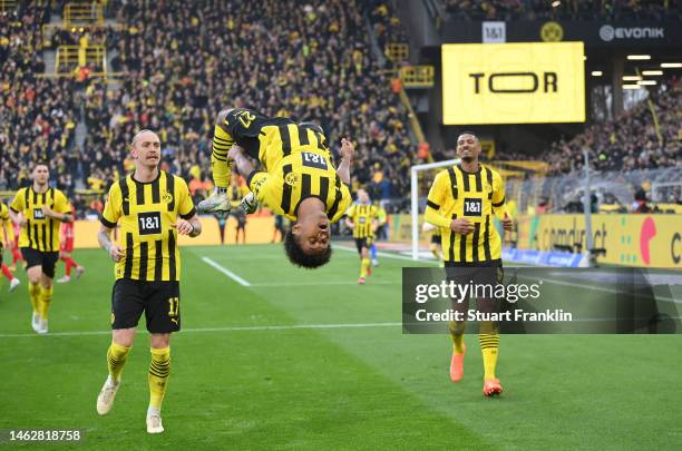 Karim Adeyemi of Borussia Dortmund celebrates after scoring his team's second goal during the Bundesliga match between Borussia Dortmund and...