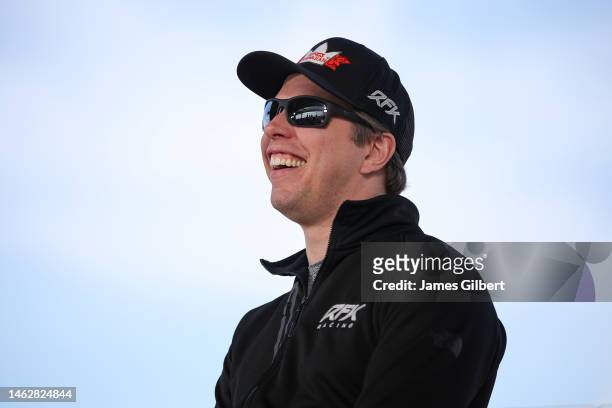 Brad Keselowski, driver of the King's Hawaiian Ford, speaks to the media prior to practice for the NASCAR Clash at the Coliseum at Los Angeles...