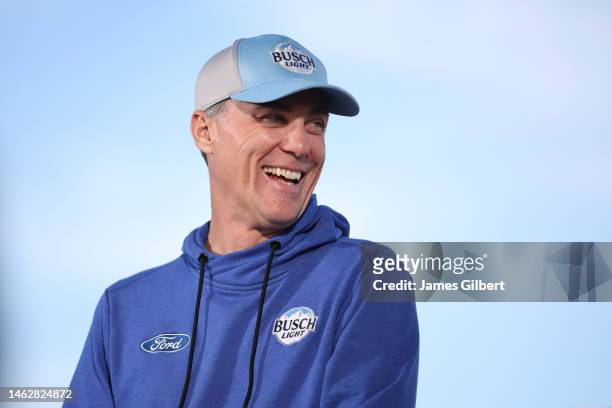 Kevin Harvick, driver of the Busch Light Ford, speaks to the media prior to practice for the NASCAR Clash at the Coliseum at Los Angeles Coliseum on...