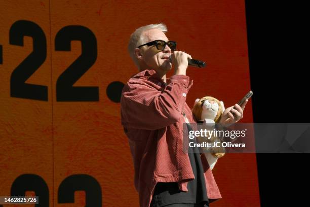 Diplo speaks onstage during Celebration Of Life For Beloved Mountain Lion, P-22 at The Greek Theatre on February 04, 2023 in Los Angeles, California.