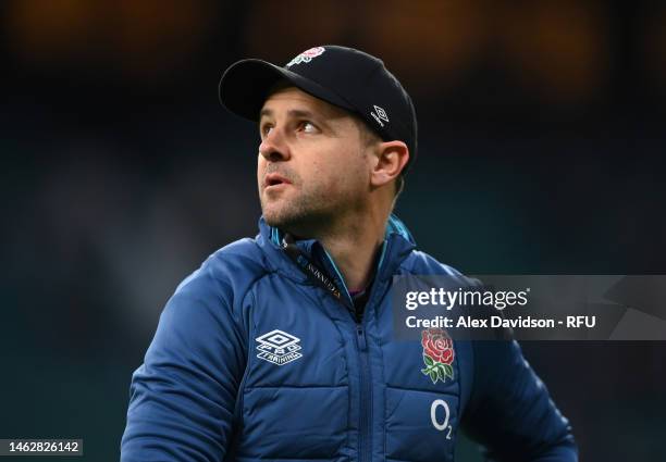 England Attack Coach, Nick Evans looks on during the Six Nations Rugby match between England and Scotland at Twickenham Stadium on February 04, 2023...