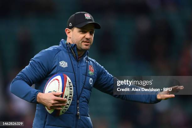 England Attack Coach, Nick Evans looks on during the Six Nations Rugby match between England and Scotland at Twickenham Stadium on February 04, 2023...