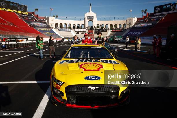 The Shell Pennzoil Ford, driven by Joey Logano is parked on the track during practice for the NASCAR Clash at the Coliseum at Los Angeles Coliseum on...
