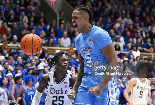 Armando Bacot of the North Carolina Tar Heels reacts after a dunk against the Duke Blue Devils during the first half of their game at Cameron Indoor...