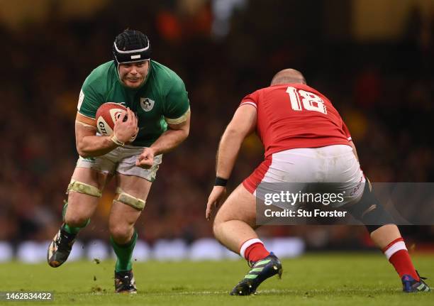 James Ryan of Ireland carries the ball during the Six Nations Rugby match between Wales and Ireland at Principality Stadium on February 04, 2023 in...