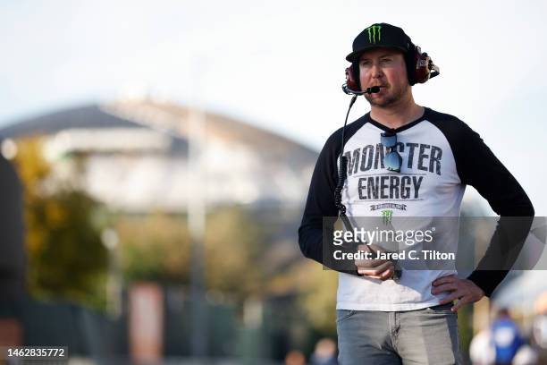 Retired NASCAR driver Kurt Busch and advisor to 23XI Racing looks on during practice for the NASCAR Clash at the Coliseum at Los Angeles Coliseum on...
